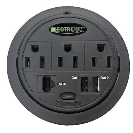 Electriduct Outlet Tap, USB, Cat6, 5-15R, 5-15P, 3 to 25 ft., Black PDC-SW-GMPT-ED-CAT6